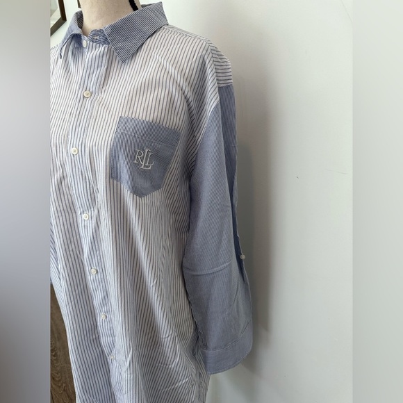 RLL Lauren Ralph Lauren Shirt Dress SZ L Blue Striped Logo EUC button  Cotton - Picture 3 of 9